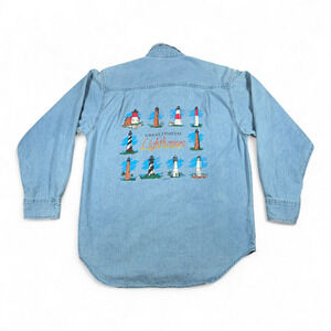 Vintage Lighthouses Shirt Adult MEDIUM Blue Chambray Jean Great Coastal 90s